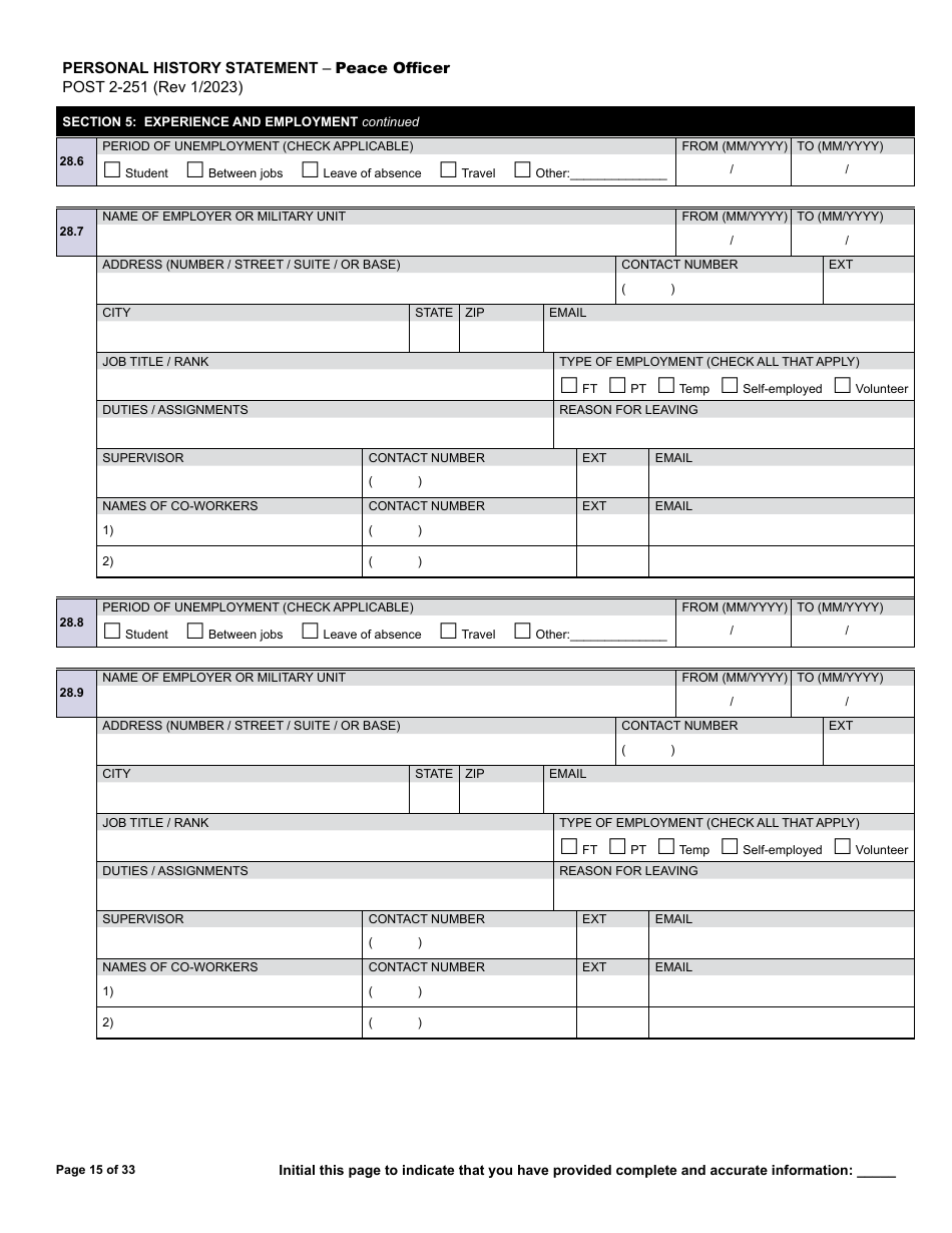 Form POST2-251 Personal History Statement - Peace Officer - California, Page 15