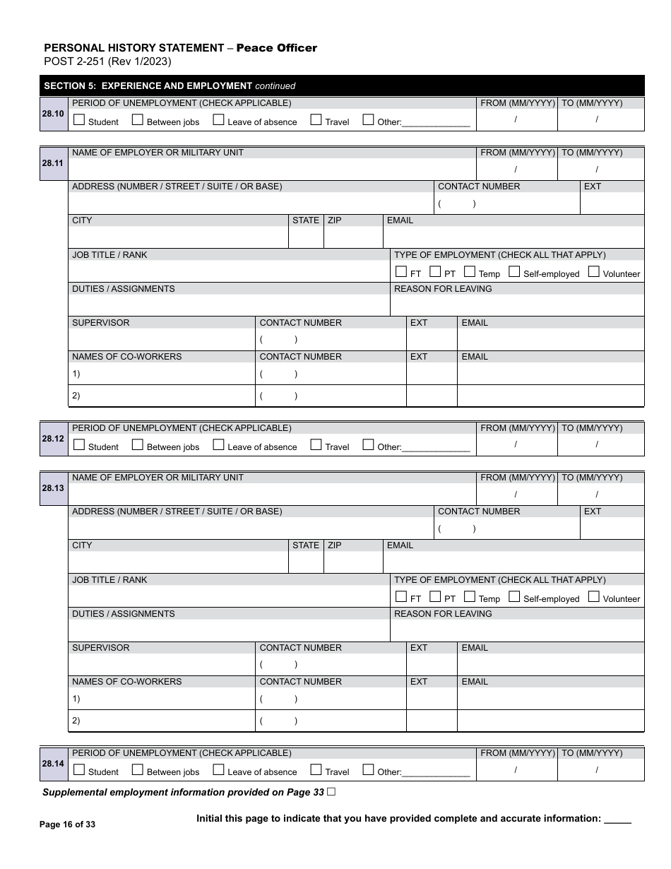 Form POST2-251 Personal History Statement - Peace Officer - California, Page 16
