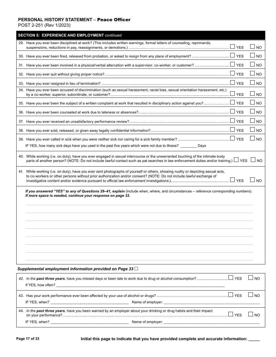 Form POST2-251 Personal History Statement - Peace Officer - California, Page 17