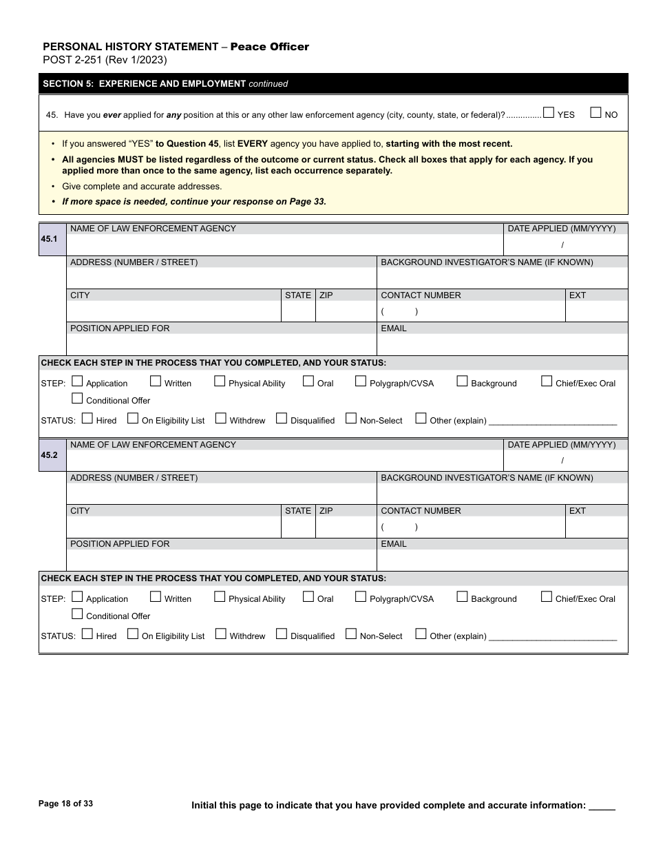 Form POST2-251 Personal History Statement - Peace Officer - California, Page 18