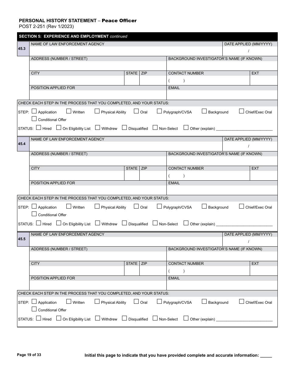Form POST2-251 Personal History Statement - Peace Officer - California, Page 19