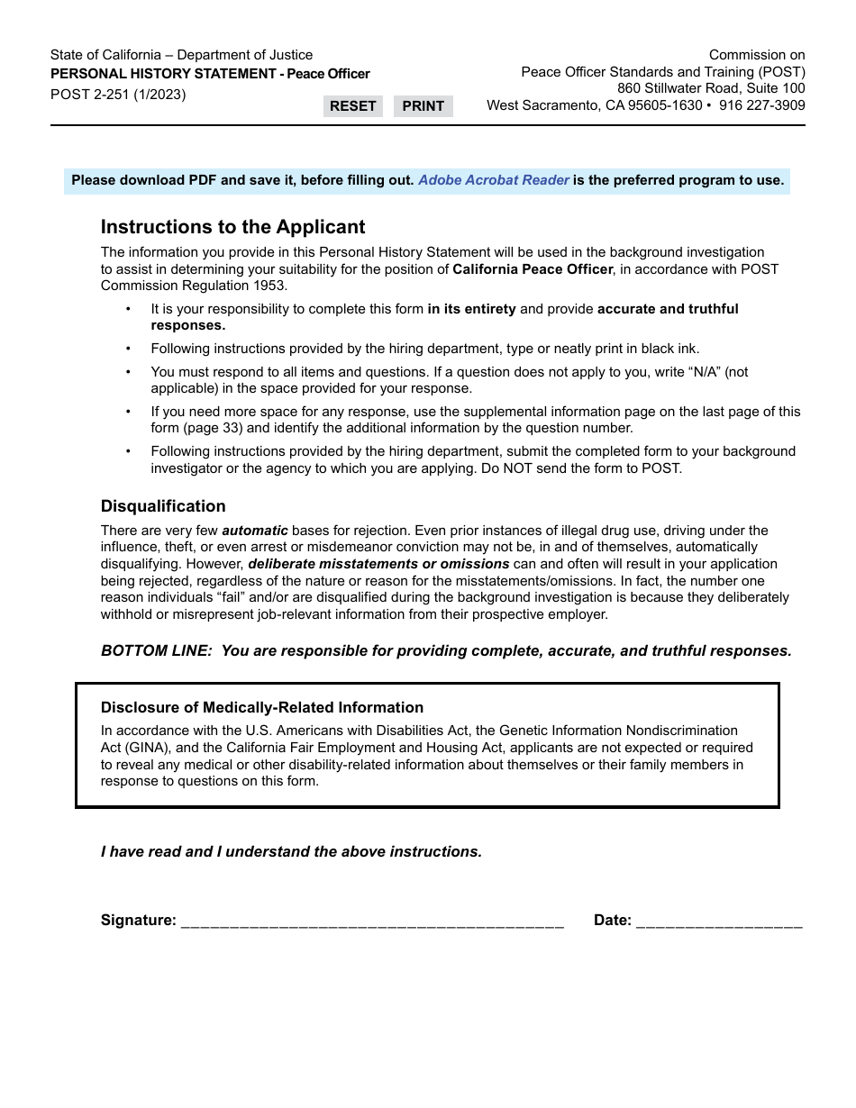 Form POST2-251 Personal History Statement - Peace Officer - California, Page 1