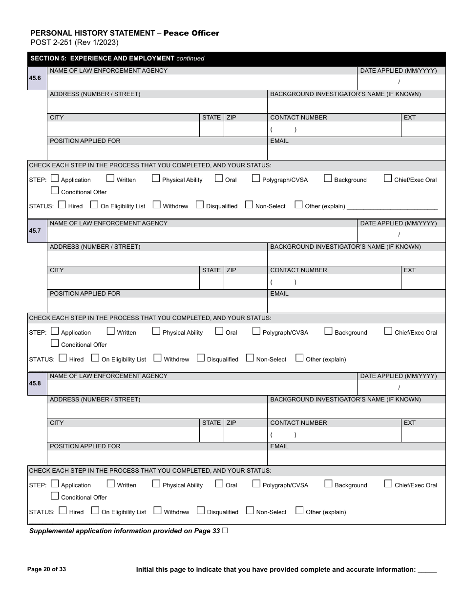 Form POST2-251 Personal History Statement - Peace Officer - California, Page 20