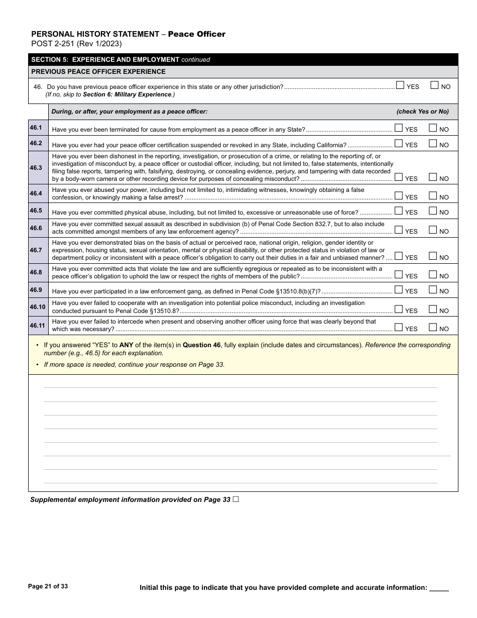 Form POST2-251 Personal History Statement - Peace Officer - California, Page 21