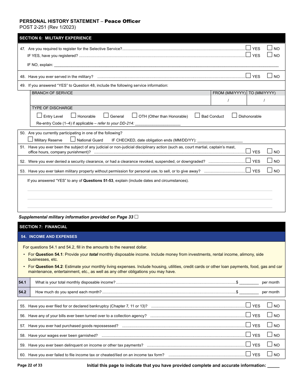 Form POST2-251 Personal History Statement - Peace Officer - California, Page 22