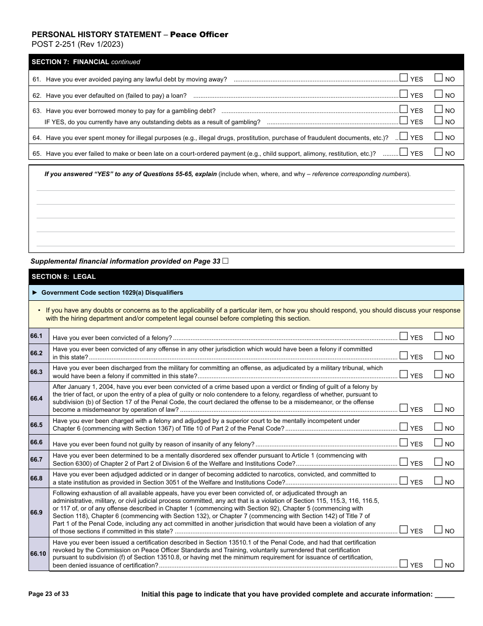 Form POST2-251 Personal History Statement - Peace Officer - California, Page 23