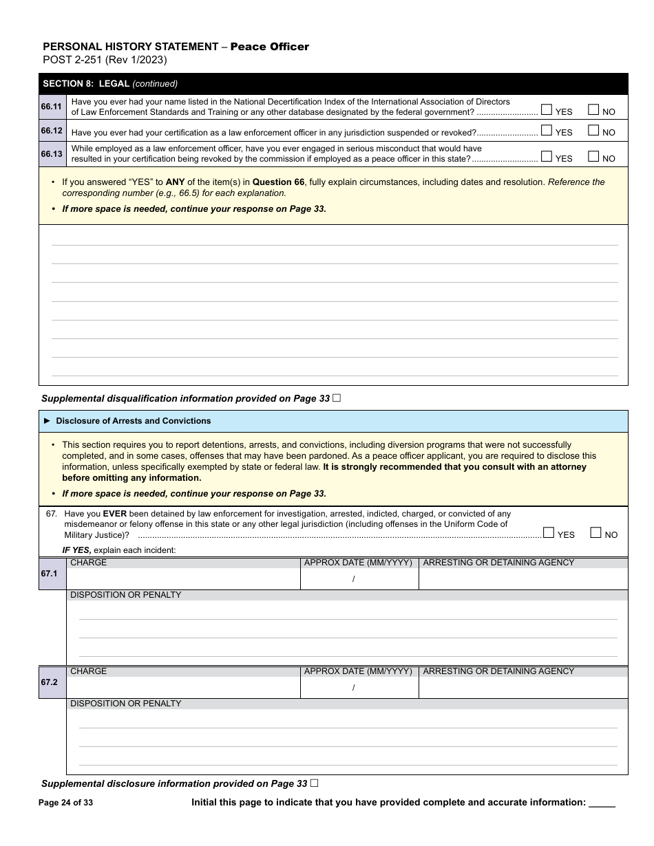 Form POST2-251 Personal History Statement - Peace Officer - California, Page 24