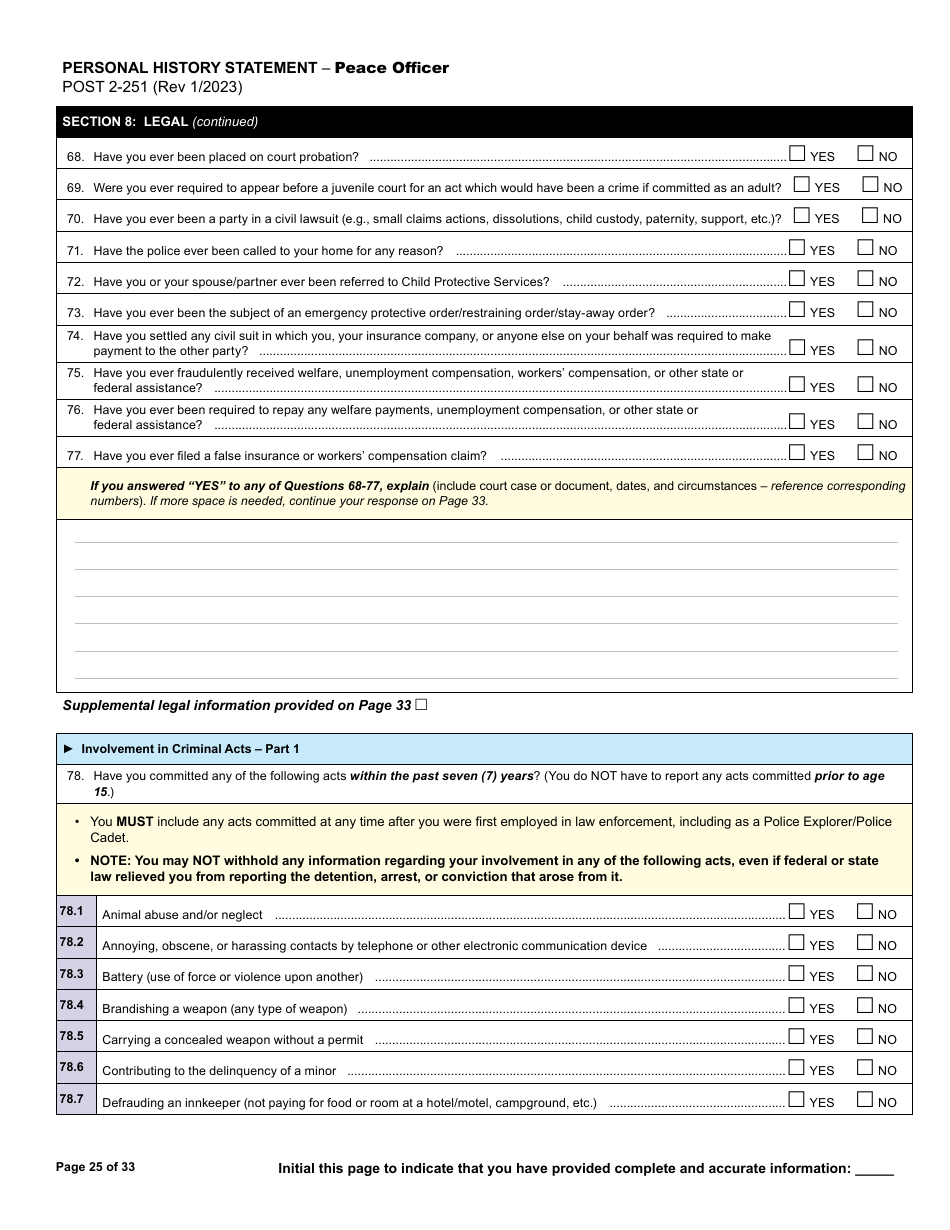 Form POST2-251 Personal History Statement - Peace Officer - California, Page 25