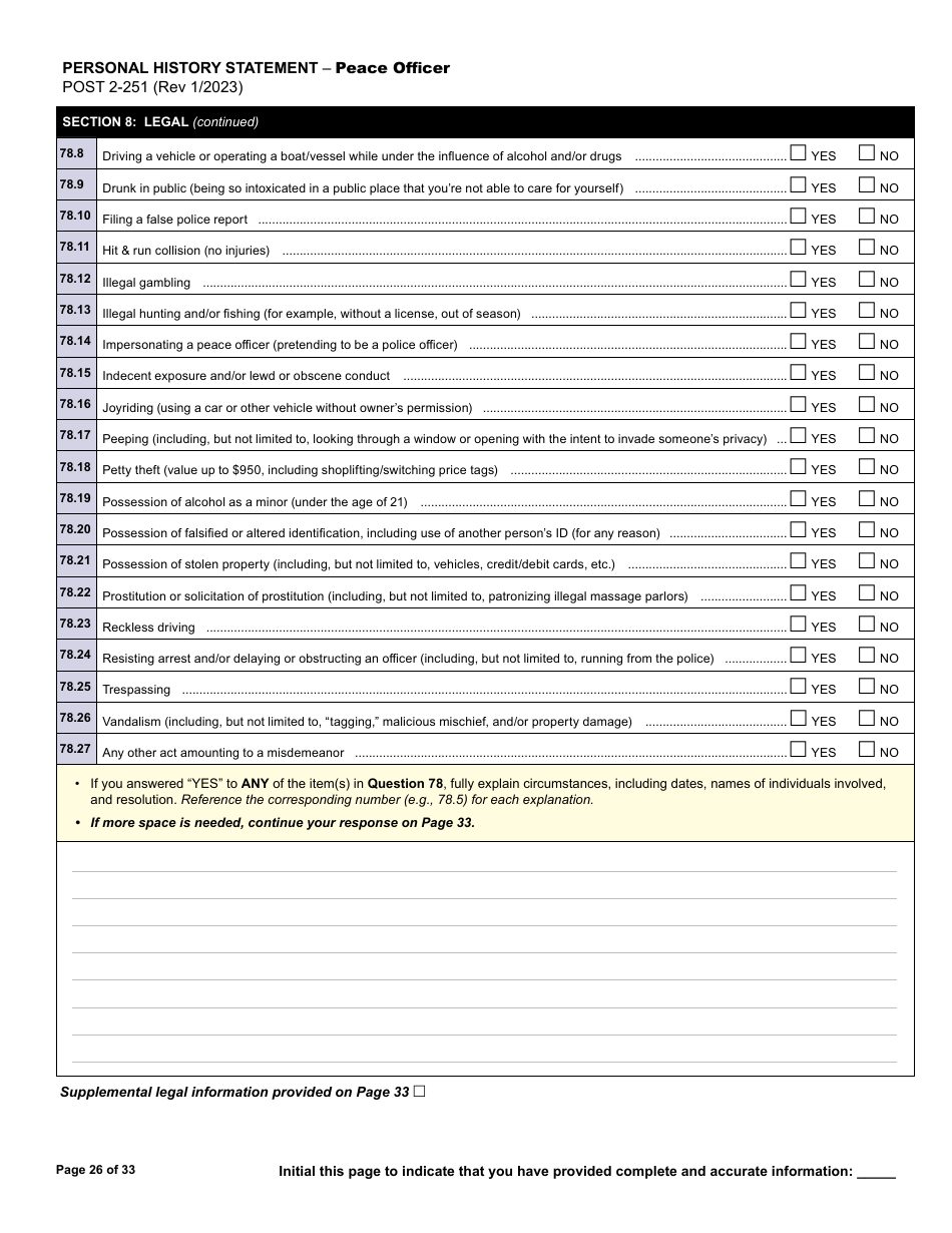 Form POST2-251 Personal History Statement - Peace Officer - California, Page 26
