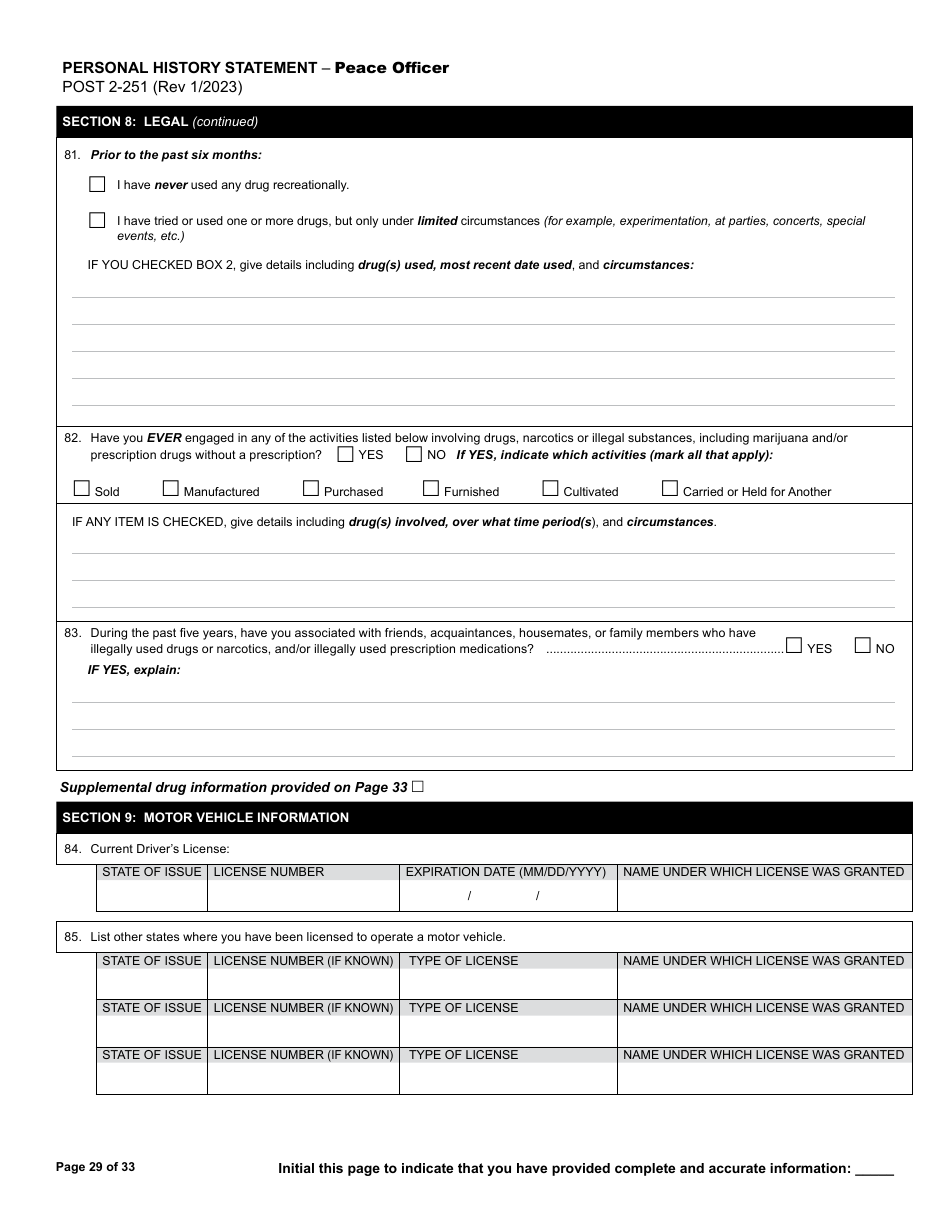 Form POST2-251 Personal History Statement - Peace Officer - California, Page 29