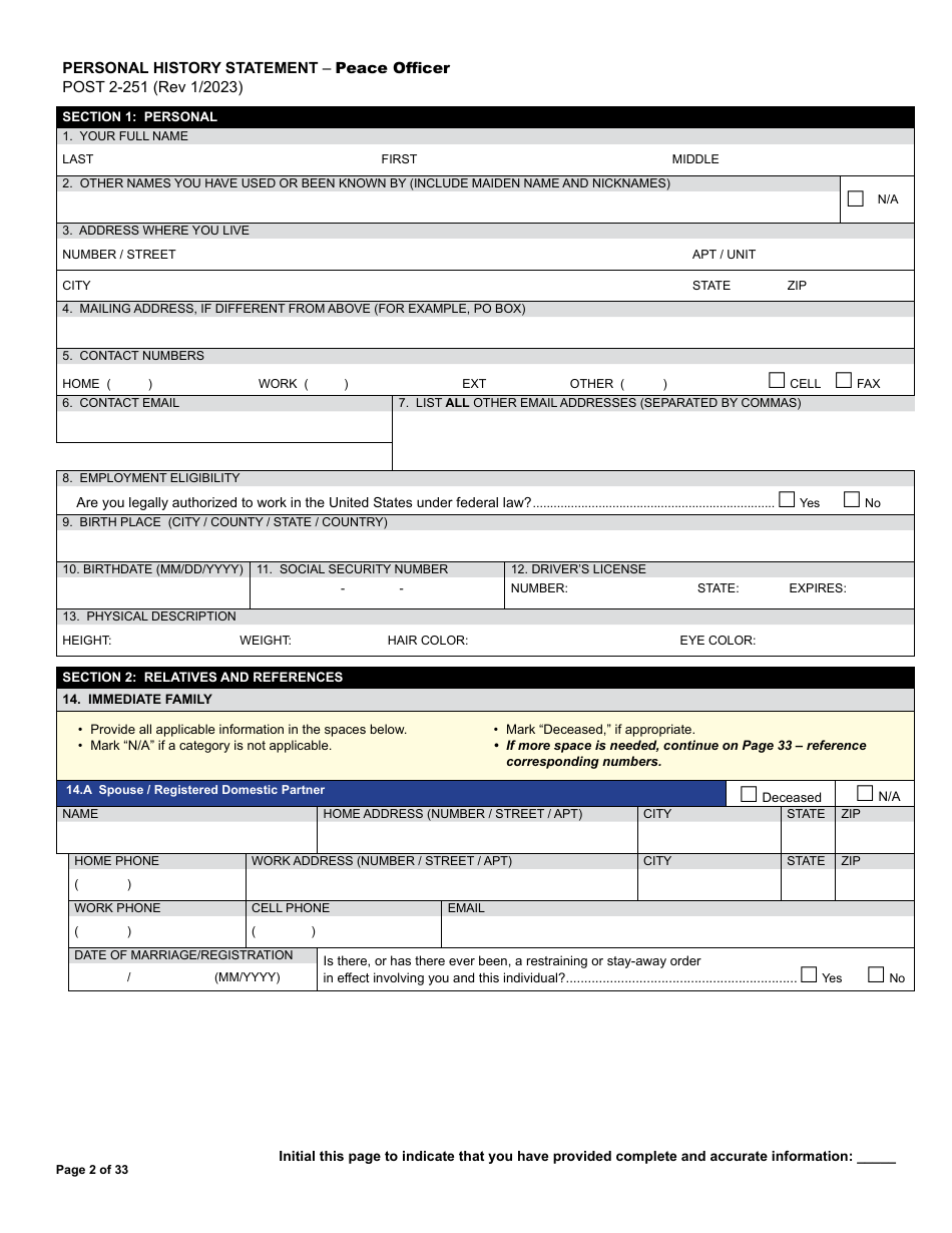Form POST2-251 Personal History Statement - Peace Officer - California, Page 2