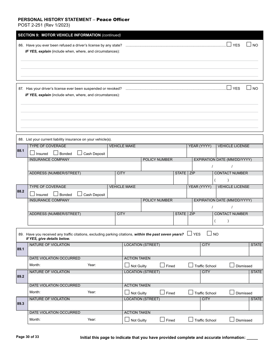 Form POST2-251 Personal History Statement - Peace Officer - California, Page 30