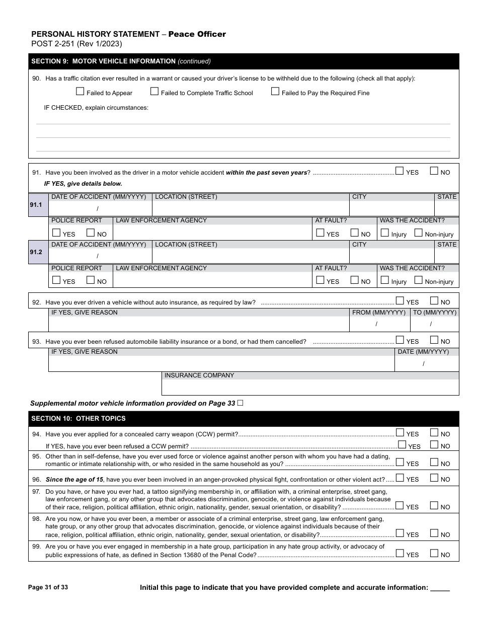 Form POST2-251 Personal History Statement - Peace Officer - California, Page 31