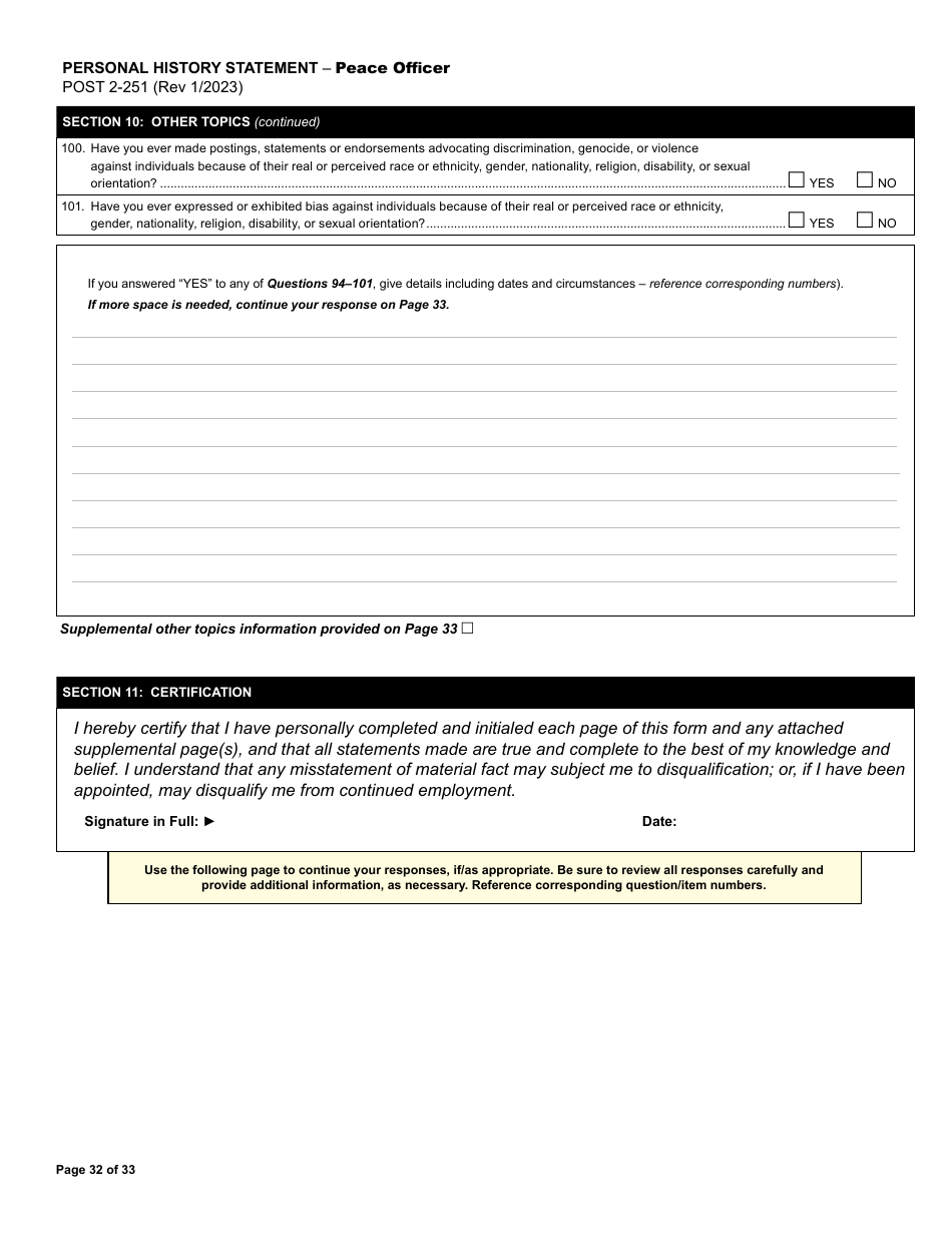Form POST2-251 Personal History Statement - Peace Officer - California, Page 32