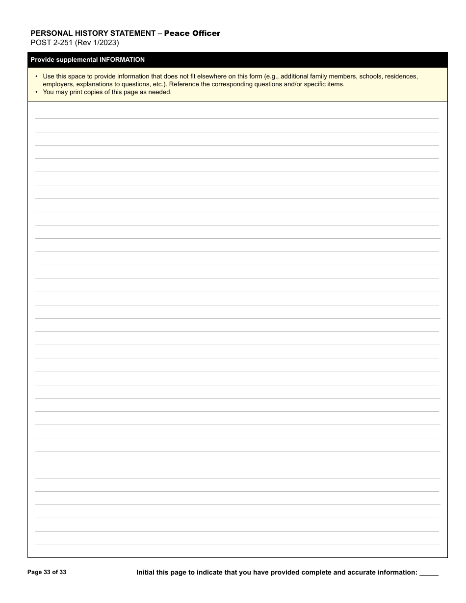 Form POST2-251 Personal History Statement - Peace Officer - California, Page 33