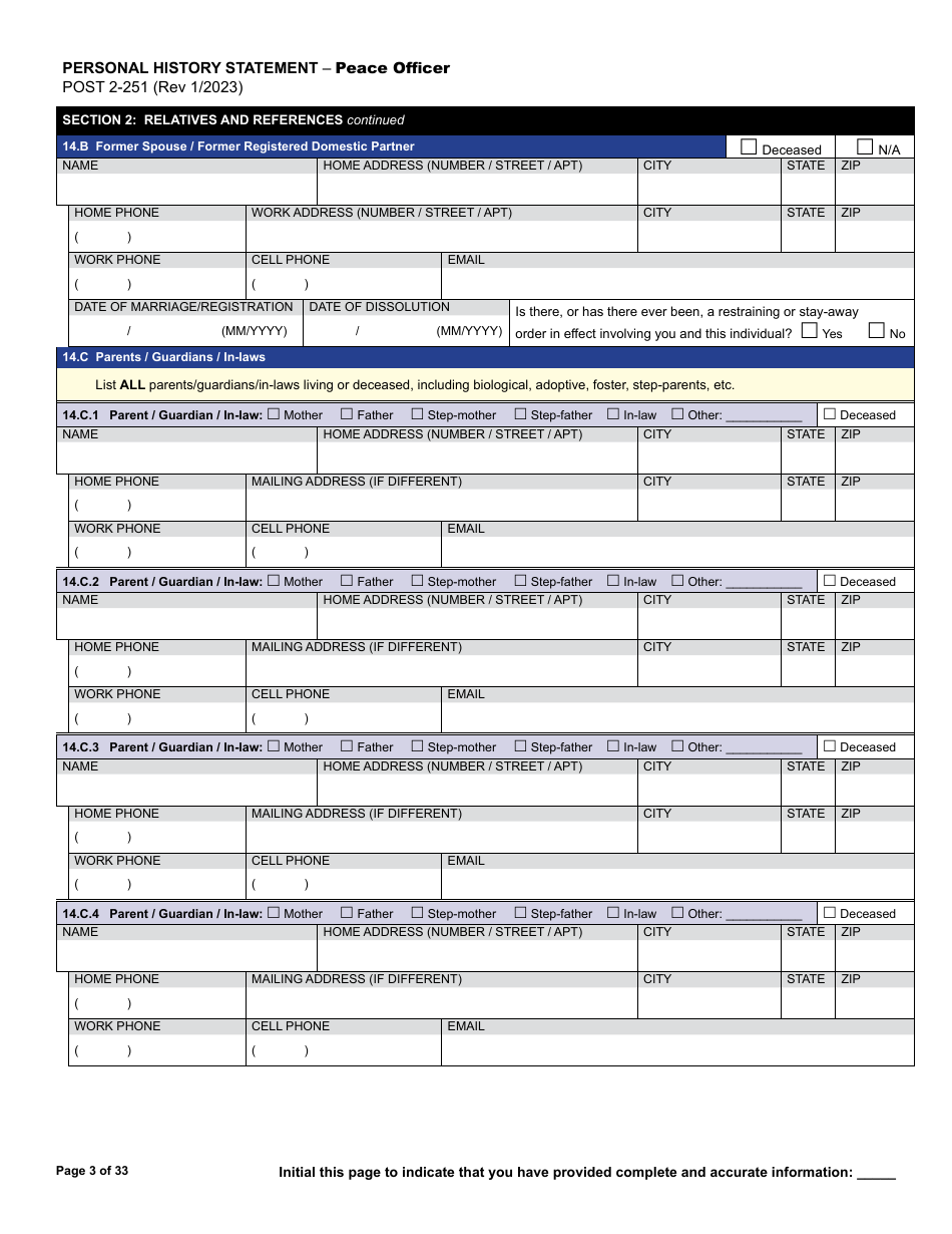 Form POST2-251 Personal History Statement - Peace Officer - California, Page 3
