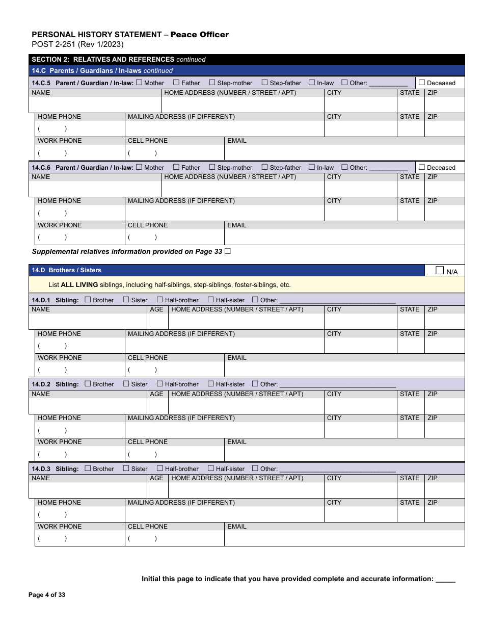 Form POST2-251 Personal History Statement - Peace Officer - California, Page 4