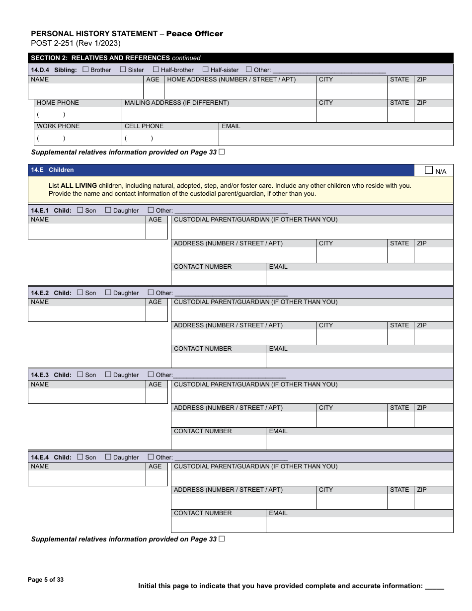Form POST2-251 Personal History Statement - Peace Officer - California, Page 5