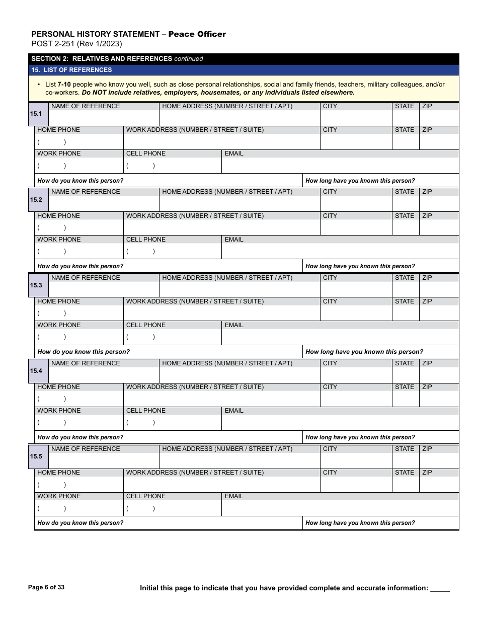 Form POST2-251 Personal History Statement - Peace Officer - California, Page 6