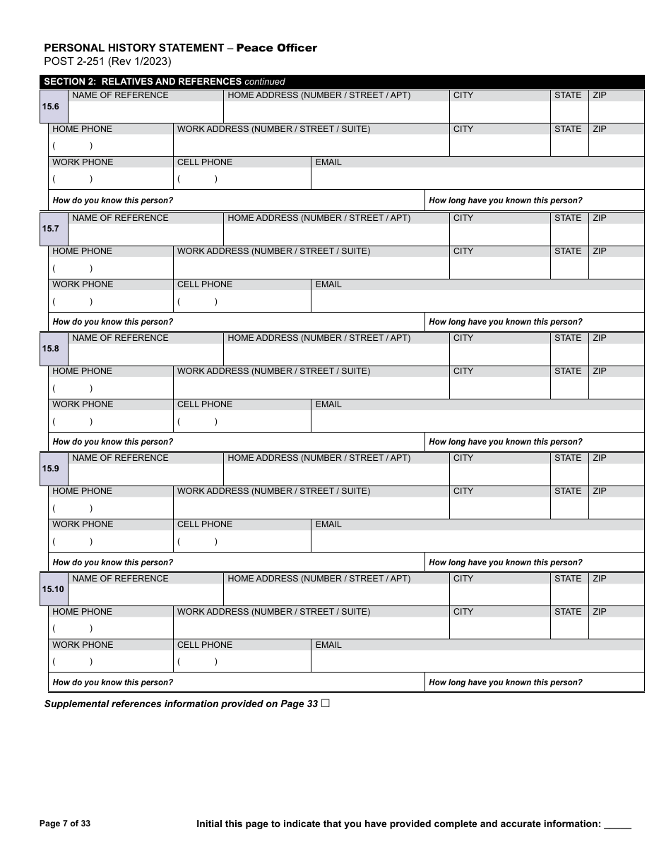 Form POST2-251 Personal History Statement - Peace Officer - California, Page 7