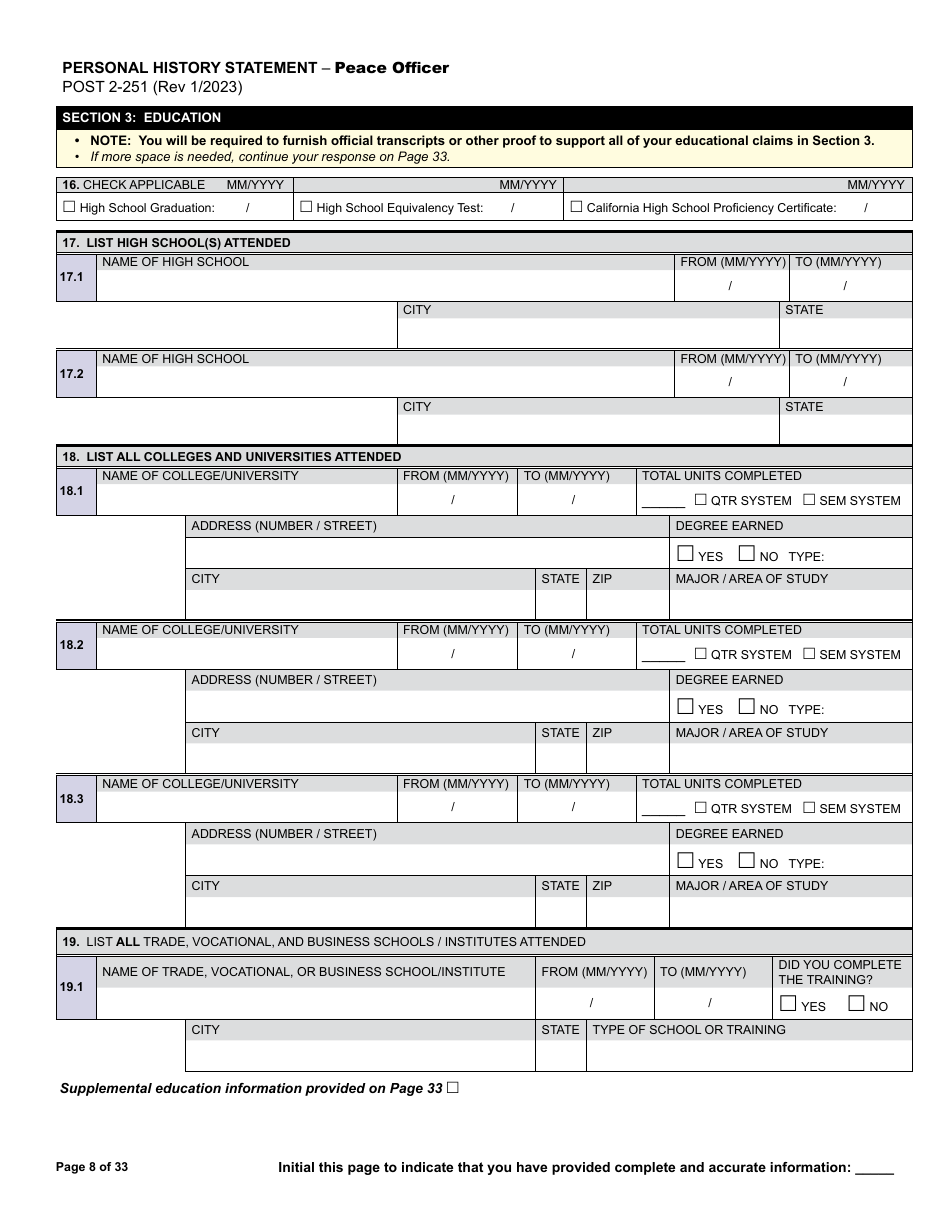 Form POST2-251 Personal History Statement - Peace Officer - California, Page 8