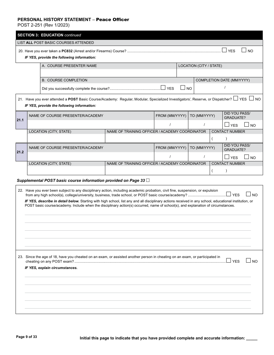 Form POST2-251 Personal History Statement - Peace Officer - California, Page 9