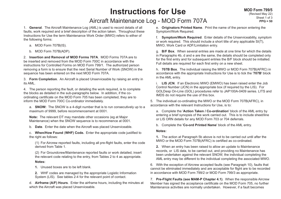 Instructions for MOD Form 707A Aircraft Maintenance Log - United Kingdom, Page 1