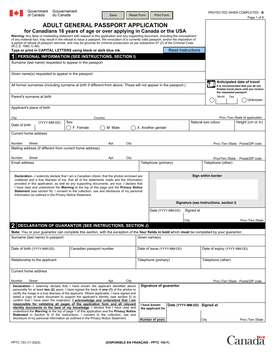 Form PPTC153 Adult General Passport Application for Canadians 16 Years of Age or Over Applying in Canada or the Usa - Canada, Page 1