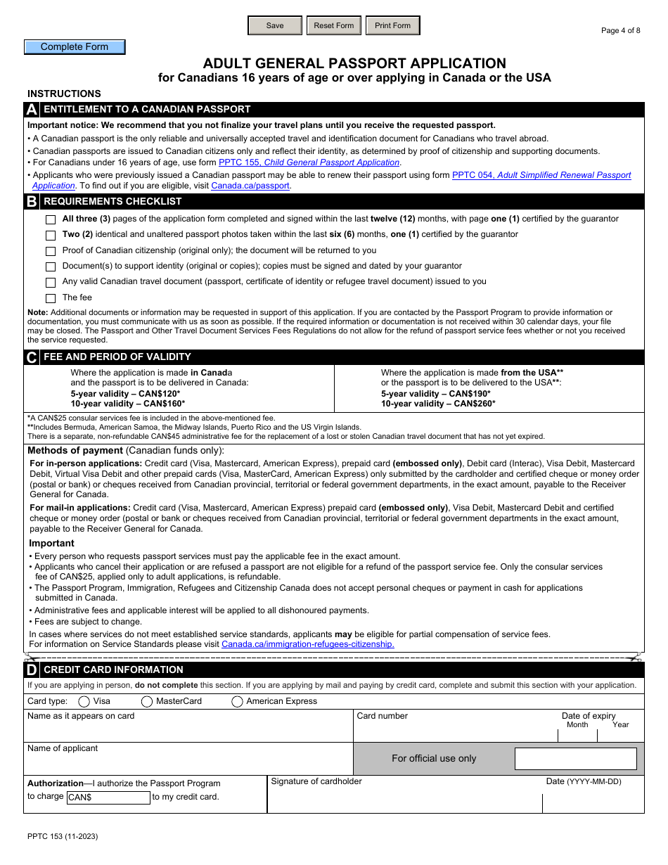 Form PPTC153 Adult General Passport Application for Canadians 16 Years of Age or Over Applying in Canada or the Usa - Canada, Page 4