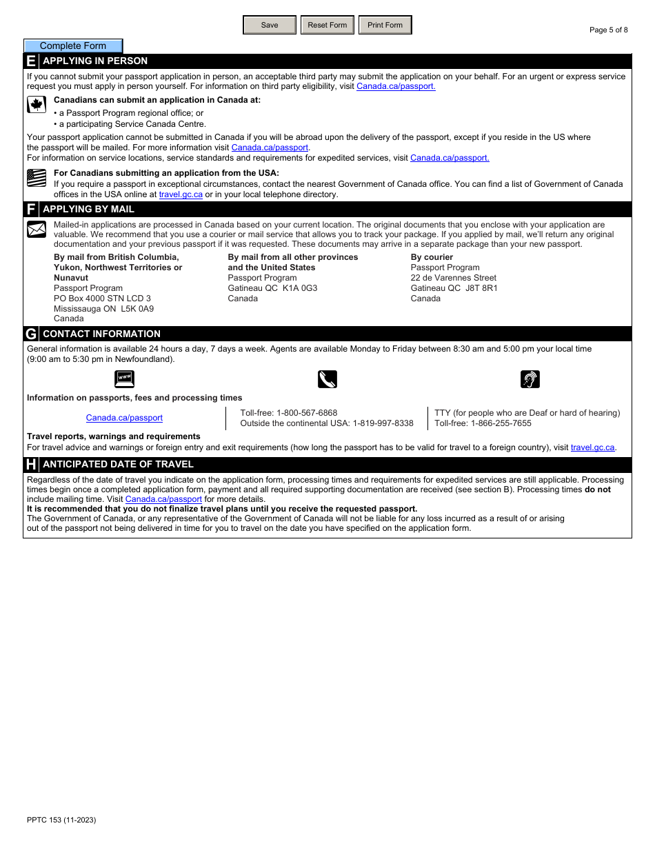 Form PPTC153 Adult General Passport Application for Canadians 16 Years of Age or Over Applying in Canada or the Usa - Canada, Page 5