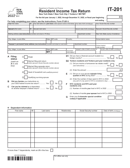 Form IT-201 Resident Income Tax Return - New York, 2022