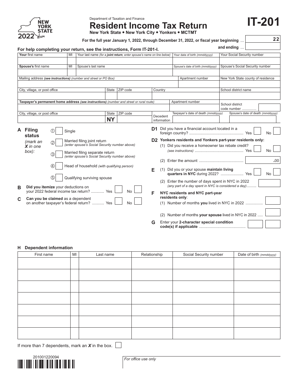 Form IT-201 Resident Income Tax Return - New York, Page 1