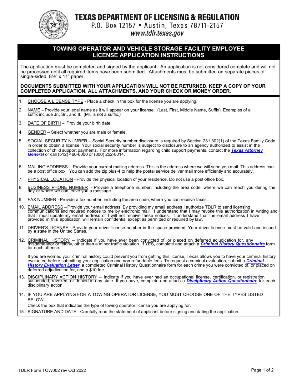 TDLR Form TOW002 Towing Operator and Vehicle Storage Facility Employee License Application - Texas, Page 1