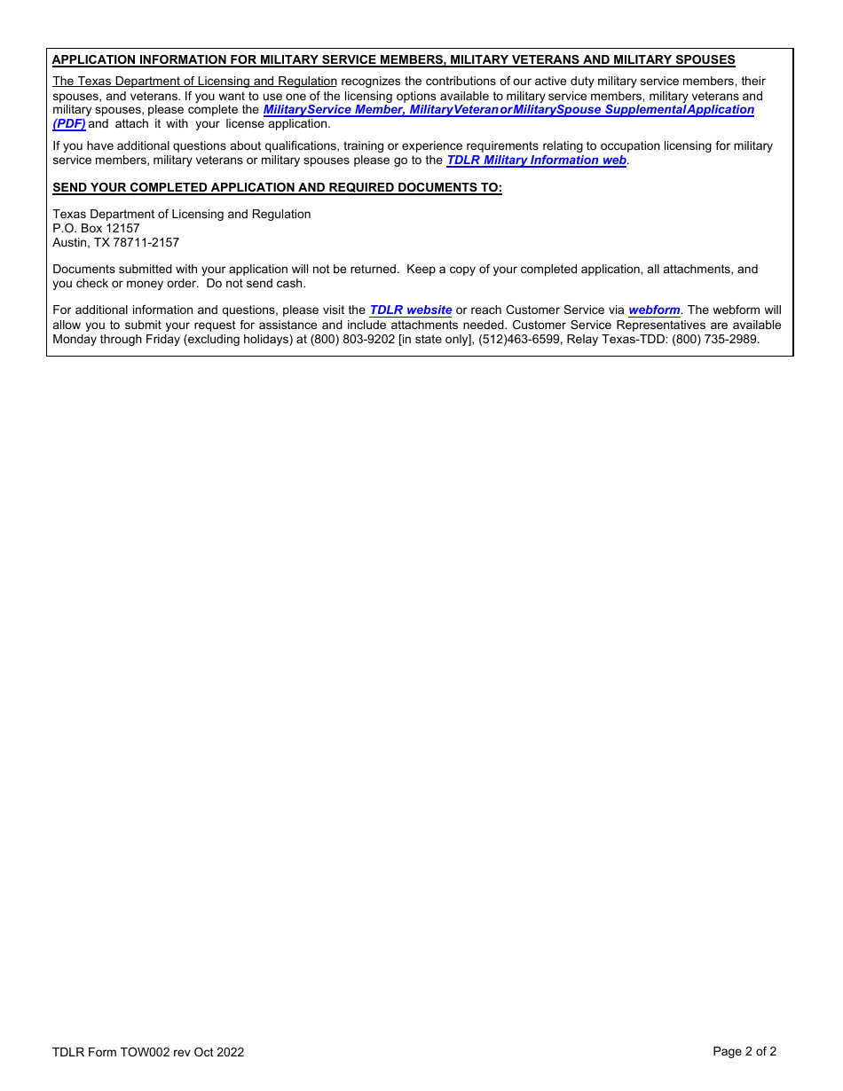 TDLR Form TOW002 Towing Operator and Vehicle Storage Facility Employee License Application - Texas, Page 2