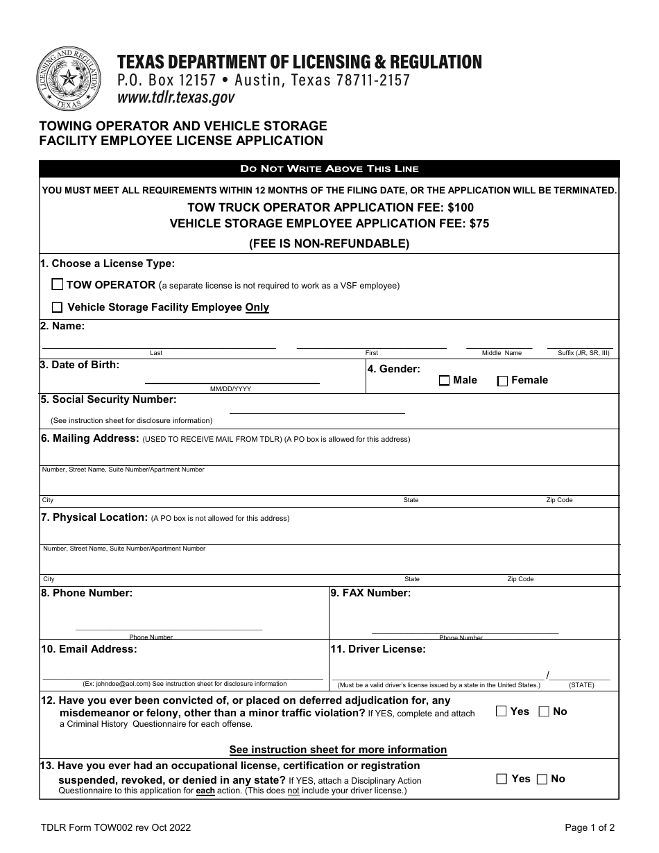 TDLR Form TOW002 Fill Out, Sign Online and Download Fillable PDF