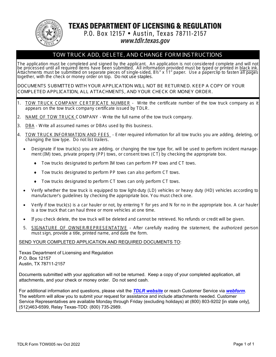 TDLR Form TOW005 Fill Out, Sign Online and Download Fillable PDF
