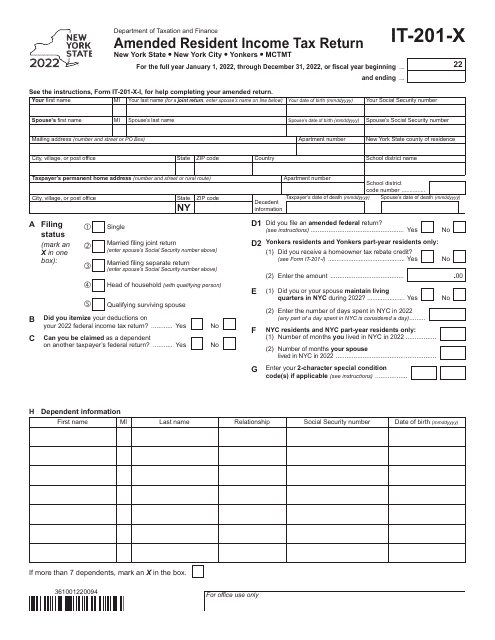 Form IT-201-X Amended Resident Income Tax Return - New York, 2022