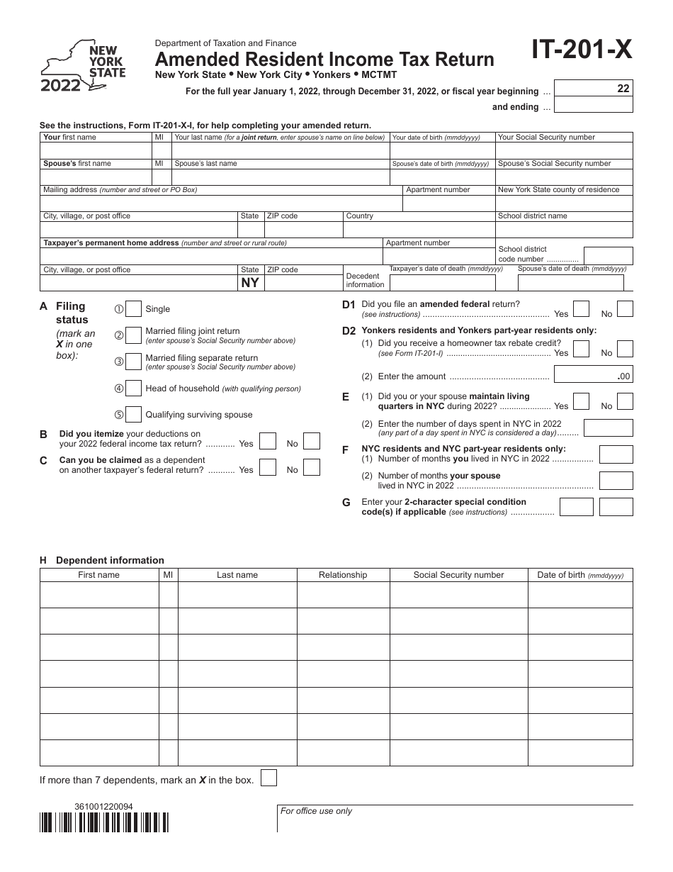 Form IT-201-X Amended Resident Income Tax Return - New York, Page 1