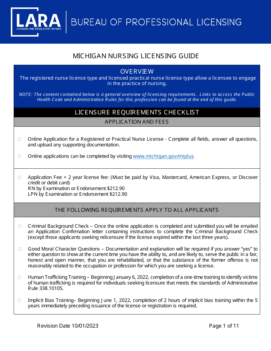 Michigan Nursing Licensing Guide - Michigan, Page 1