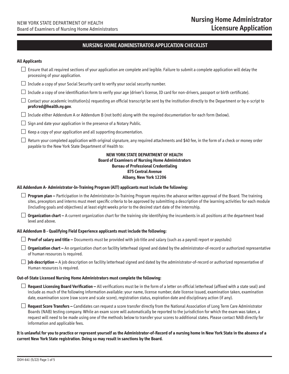 Form DOH-641 Nursing Home Administrator Licensure Application - New York, Page 1