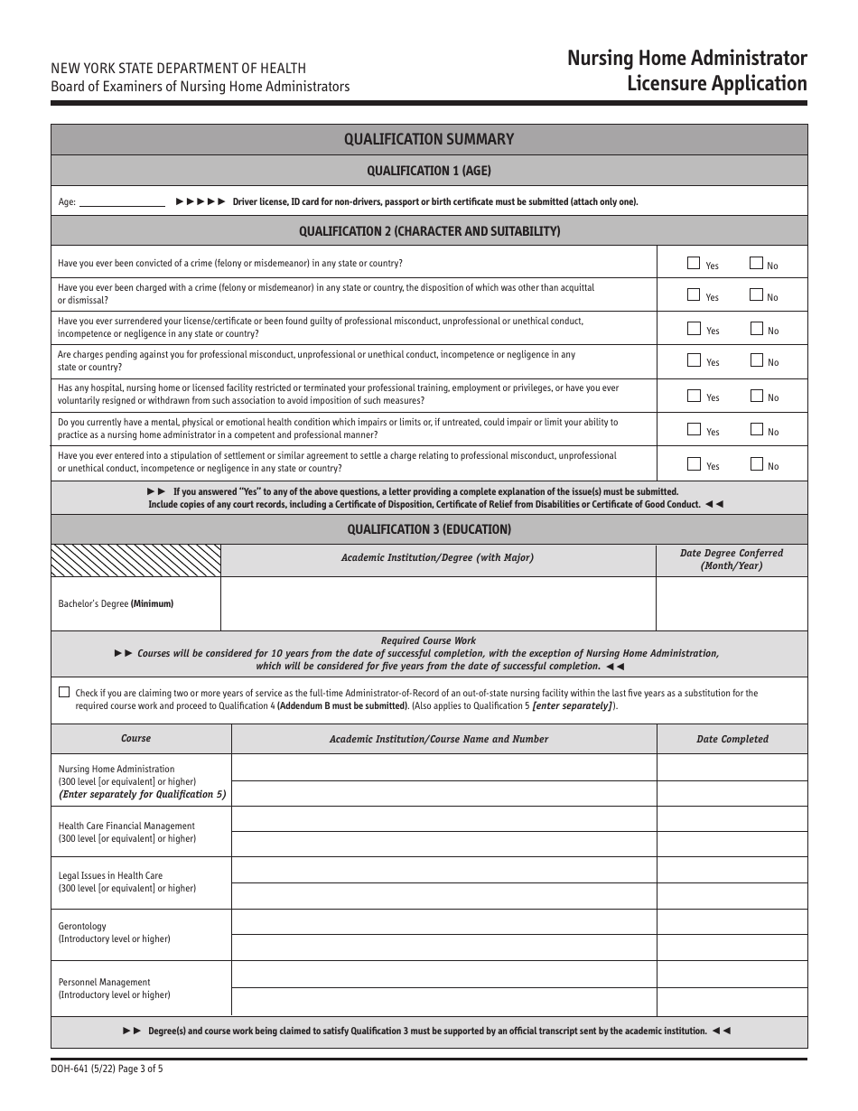 Form DOH-641 Nursing Home Administrator Licensure Application - New York, Page 3