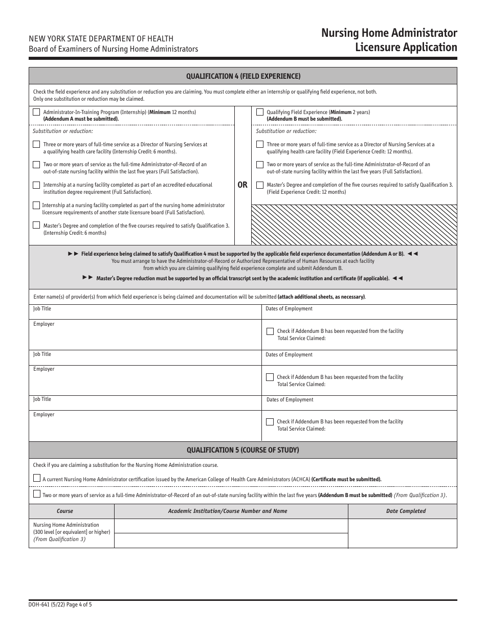 Form DOH-641 Nursing Home Administrator Licensure Application - New York, Page 4