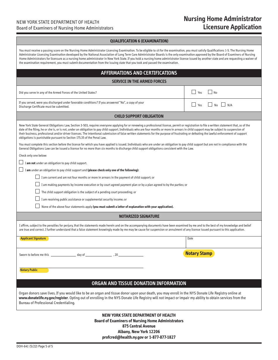Form DOH-641 Nursing Home Administrator Licensure Application - New York, Page 5