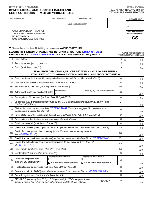 Form CDTFA-401-GS State, Local, and District Sales and Use Tax Return - Motor Vehicle Fuel - California