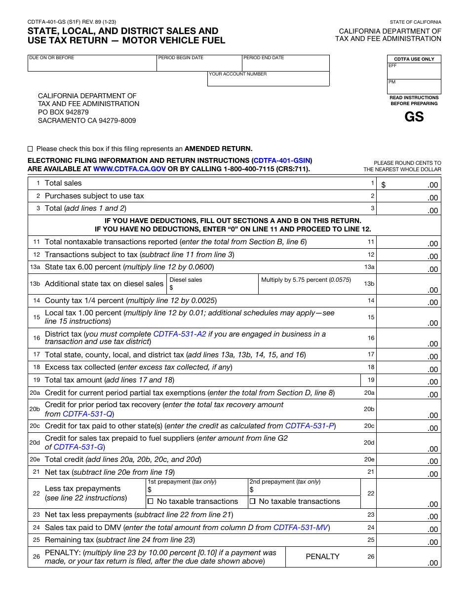 Form CDTFA-401-GS State, Local, and District Sales and Use Tax Return - Motor Vehicle Fuel - California, Page 1