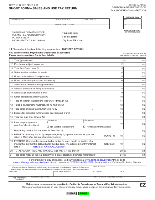 Form CDTFA-401-EZ  Printable Pdf