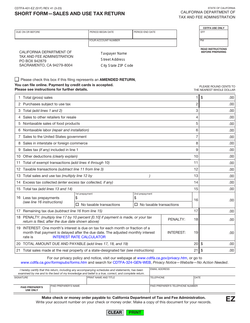 Form CDTFA-401-EZ Short Form - Sales and Use Tax Return - California, Page 1