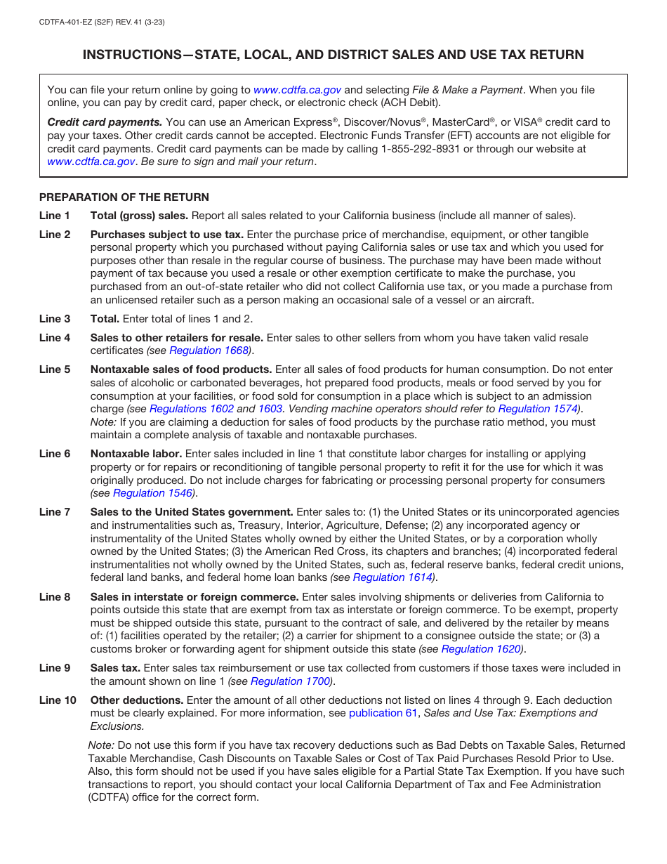 Form CDTFA-401-EZ Short Form - Sales and Use Tax Return - California, Page 3