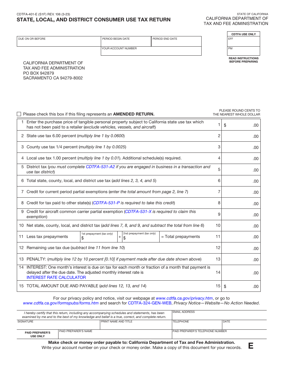 Form CDTFA-401-E State, Local, and District Consumer Use Tax Return - California, Page 1