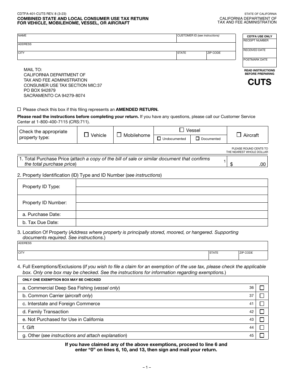 Form CDTFA-401-CUTS Combined State and Local Consumer Use Tax Return for Vehicle, Mobilehome, Vessel, or Aircraft - California, Page 1